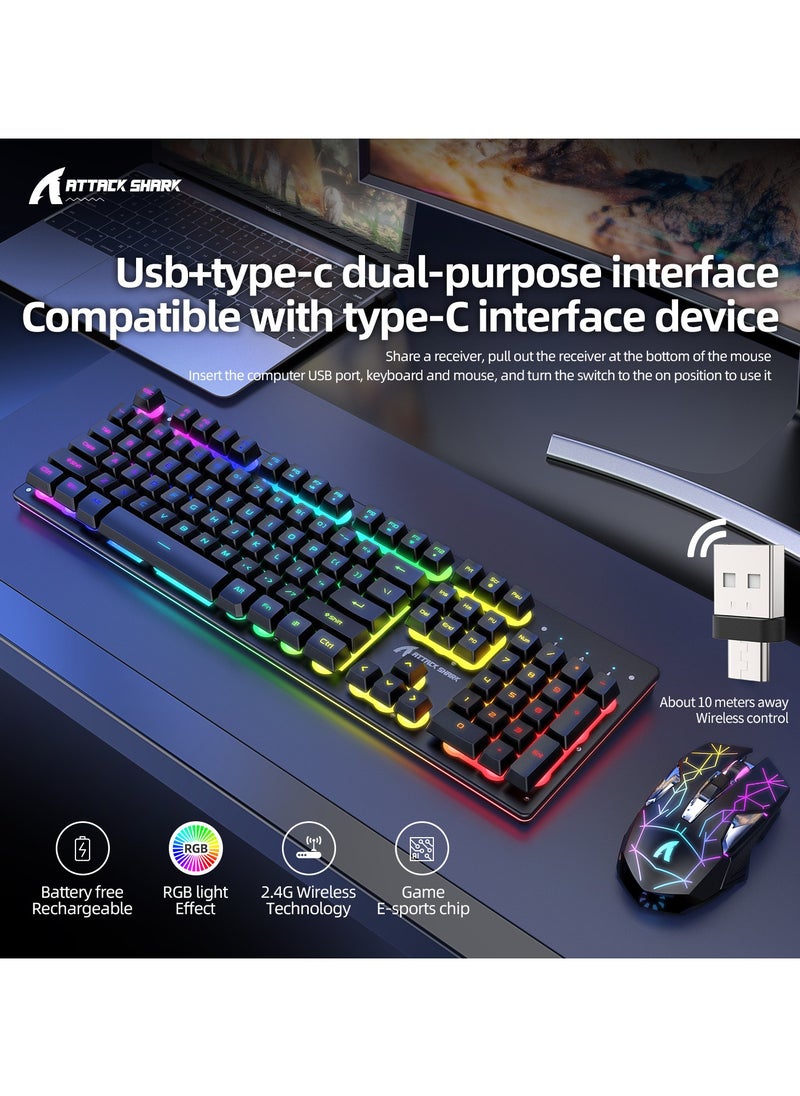 هجوم القرش - مجموعة لوحة مفاتيح وماوس لاسلكية للألعاب، 12 لونًا من الإضاءة الخلفية RGB Chroma، بطارية قابلة لإعادة الشحن 4200 مللي أمبير في الساعة، إحساس ميكانيكي بمنفذ USB + مستقبل واجهة مزدوجة من النوع C، لوحة مفاتيح ميكانيكية مضادة للظلال + ماوس 2400 نقطة في البوصة للاعبي الكمبيوتر الشخصي، أسود - Image 1