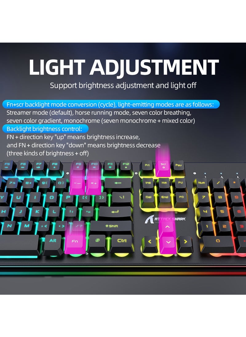 هجوم القرش - مجموعة لوحة مفاتيح وماوس لاسلكية للألعاب، 12 لونًا من الإضاءة الخلفية RGB Chroma، بطارية قابلة لإعادة الشحن 4200 مللي أمبير في الساعة، إحساس ميكانيكي بمنفذ USB + مستقبل واجهة مزدوجة من النوع C، لوحة مفاتيح ميكانيكية مضادة للظلال + ماوس 2400 نقطة في البوصة للاعبي الكمبيوتر الشخصي، أسود - Image 1
