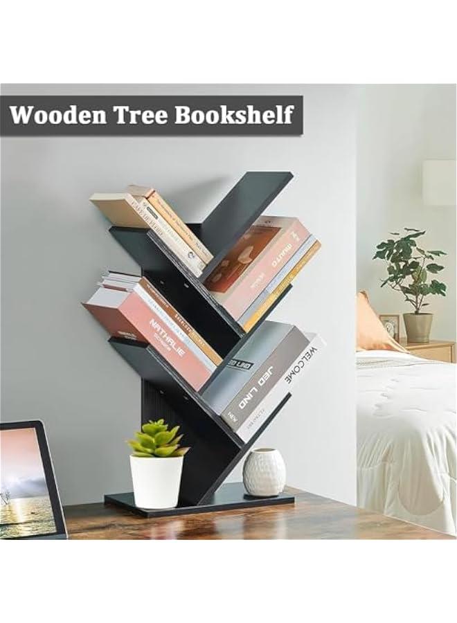 هوكور رف كتب من شجرة سطح المكتب، رف تخزين من 5 طبقات، رف تخزين عرض 5 طبقات، رف تخزين حامل مجلات رف كتب خشبي حامل رف كتب خشبي منظم أقراص مدمجة قائم على الأرض لغرفة المعيشة مكتب المنزل غرفة نوم المدرسة (أسود) - Image 2