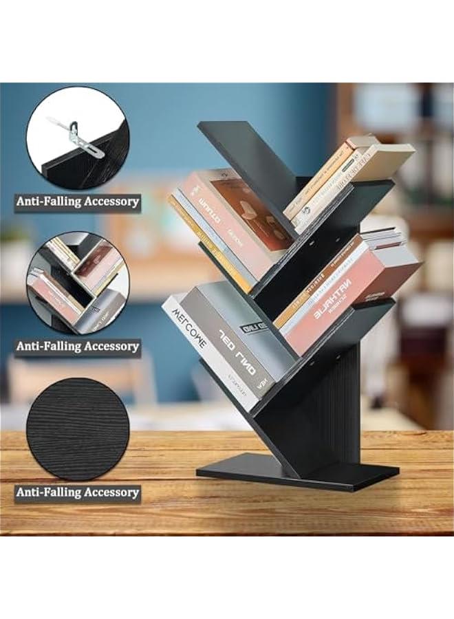 هوكور رف كتب من شجرة سطح المكتب، رف تخزين من 5 طبقات، رف تخزين عرض 5 طبقات، رف تخزين حامل مجلات رف كتب خشبي حامل رف كتب خشبي منظم أقراص مدمجة قائم على الأرض لغرفة المعيشة مكتب المنزل غرفة نوم المدرسة (أسود) - Image 4