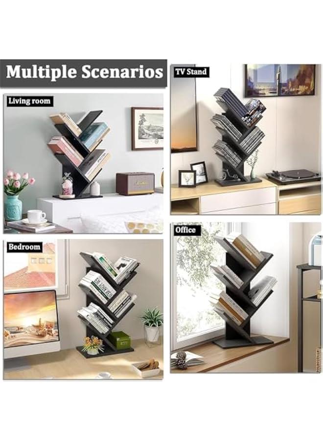 هوكور رف كتب من شجرة سطح المكتب، رف تخزين من 5 طبقات، رف تخزين عرض 5 طبقات، رف تخزين حامل مجلات رف كتب خشبي حامل رف كتب خشبي منظم أقراص مدمجة قائم على الأرض لغرفة المعيشة مكتب المنزل غرفة نوم المدرسة (أسود) - Image 5