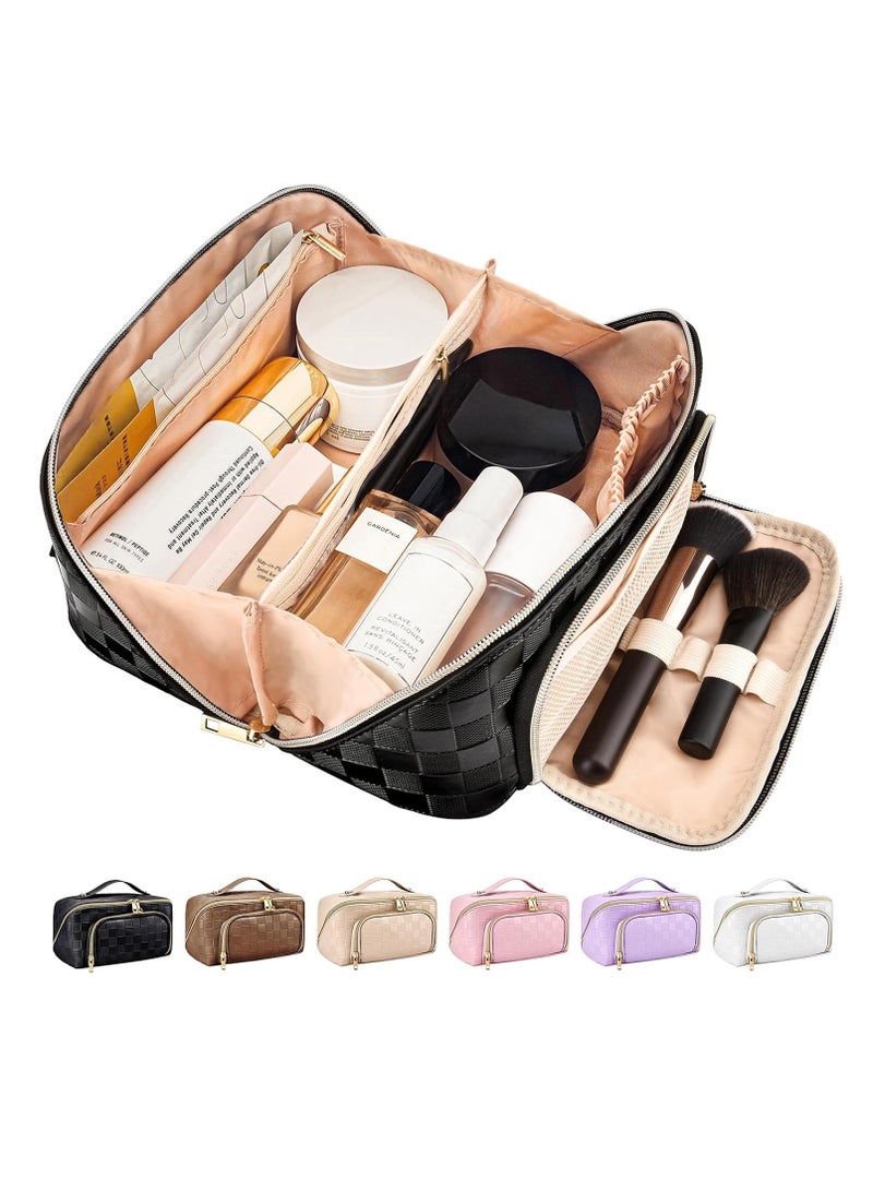 KASTWAVE Travel Makeup Bag, Large Capacity Cosmetic Bags, PU Leather Waterproof Checkered Cosmetic Bags, Portable Pouch Open Flat Toiletry Bag, Make up Organizer with Divider and Handle, Black - Image 1