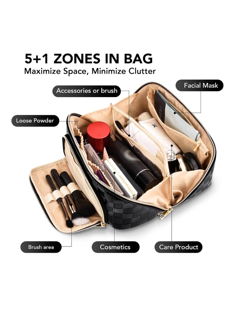 KASTWAVE Travel Makeup Bag, Large Capacity Cosmetic Bags, PU Leather Waterproof Checkered Cosmetic Bags, Portable Pouch Open Flat Toiletry Bag, Make up Organizer with Divider and Handle, Black - Image 2