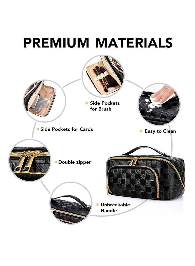 KASTWAVE Travel Makeup Bag, Large Capacity Cosmetic Bags, PU Leather Waterproof Checkered Cosmetic Bags, Portable Pouch Open Flat Toiletry Bag, Make up Organizer with Divider and Handle, Black - Image 3
