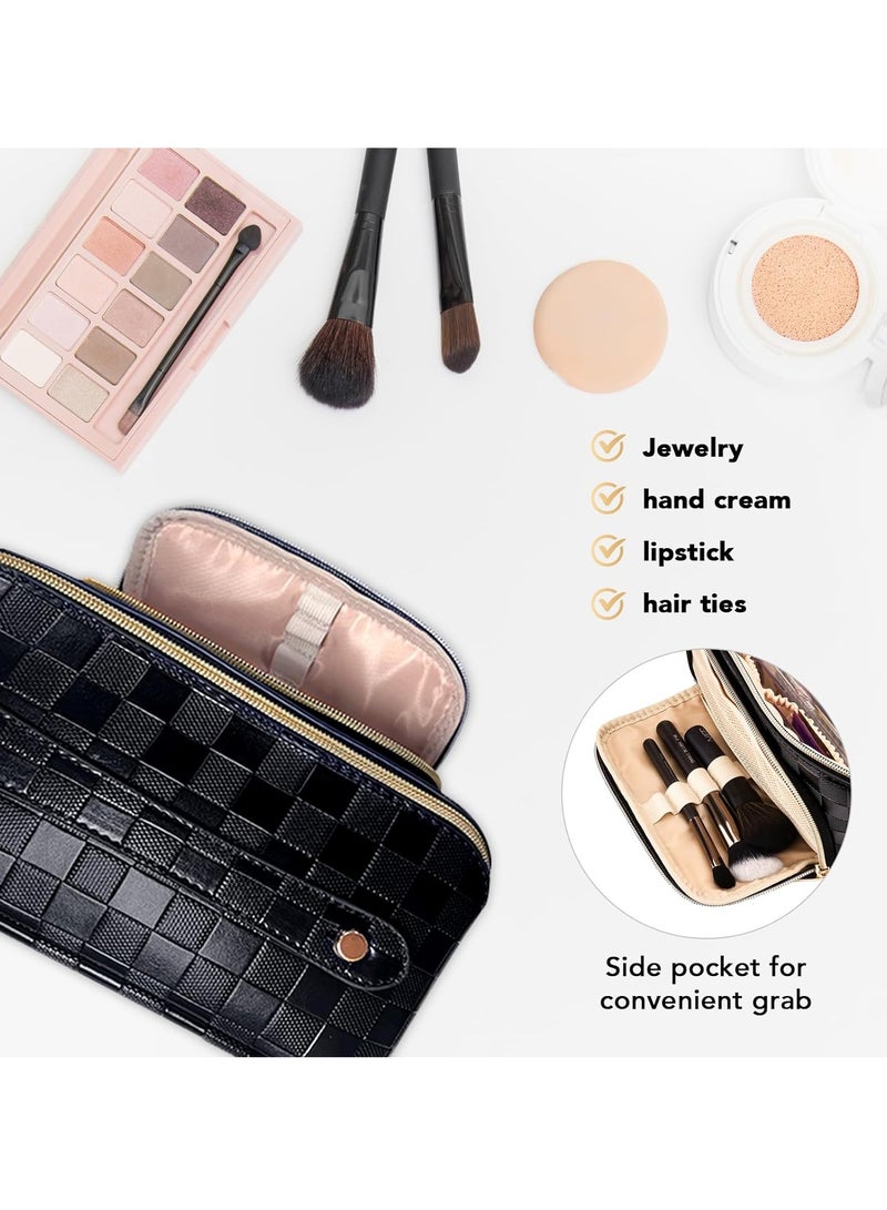 KASTWAVE Travel Makeup Bag, Large Capacity Cosmetic Bags, PU Leather Waterproof Checkered Cosmetic Bags, Portable Pouch Open Flat Toiletry Bag, Make up Organizer with Divider and Handle, Black - Image 4