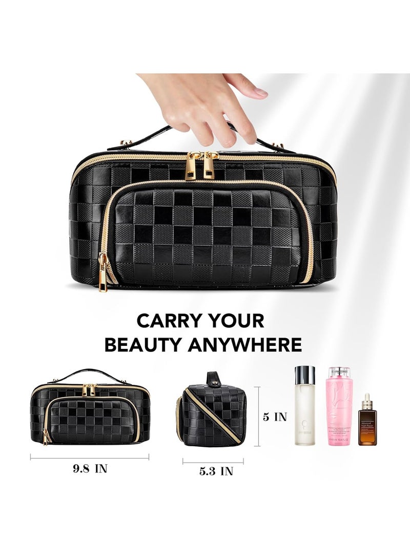 KASTWAVE Travel Makeup Bag, Large Capacity Cosmetic Bags, PU Leather Waterproof Checkered Cosmetic Bags, Portable Pouch Open Flat Toiletry Bag, Make up Organizer with Divider and Handle, Black - Image 5