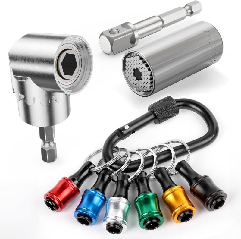 Universal Socket Ratchet Adapter: 7mm-19mm High-quality Metal Forged - Upgraded Metal Strip Hold Socket Wrench Set with 1/4 Inch Screwdriver Drill Bit Holder, 105° Right Angle Attachment for Data Cabl