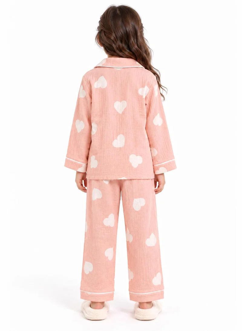 Babyqlo Girls Pink Heart Print Muslin Cotton Nightwear Set