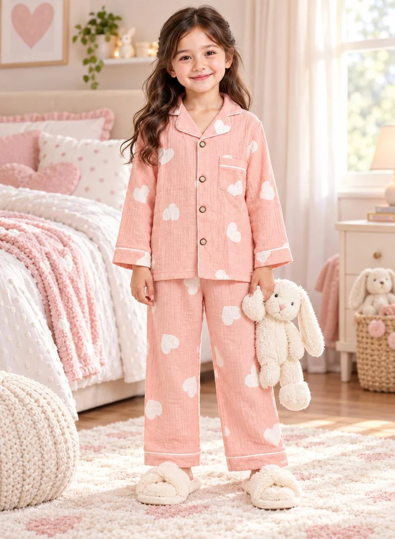 Babyqlo Girls Pink Heart Print Muslin Cotton Nightwear Set