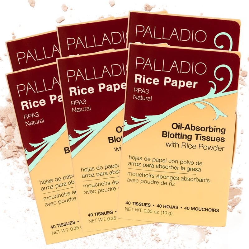 Palladio Rice Paper Facial Tissues for Oily Skin, Face Blotting Sheets Made from Natural Rice, Oil Absorbing Paper with Rice Powder, 2 Sided, Instant Results, Natural, 40 Count, Pack of 6 - Image 1
