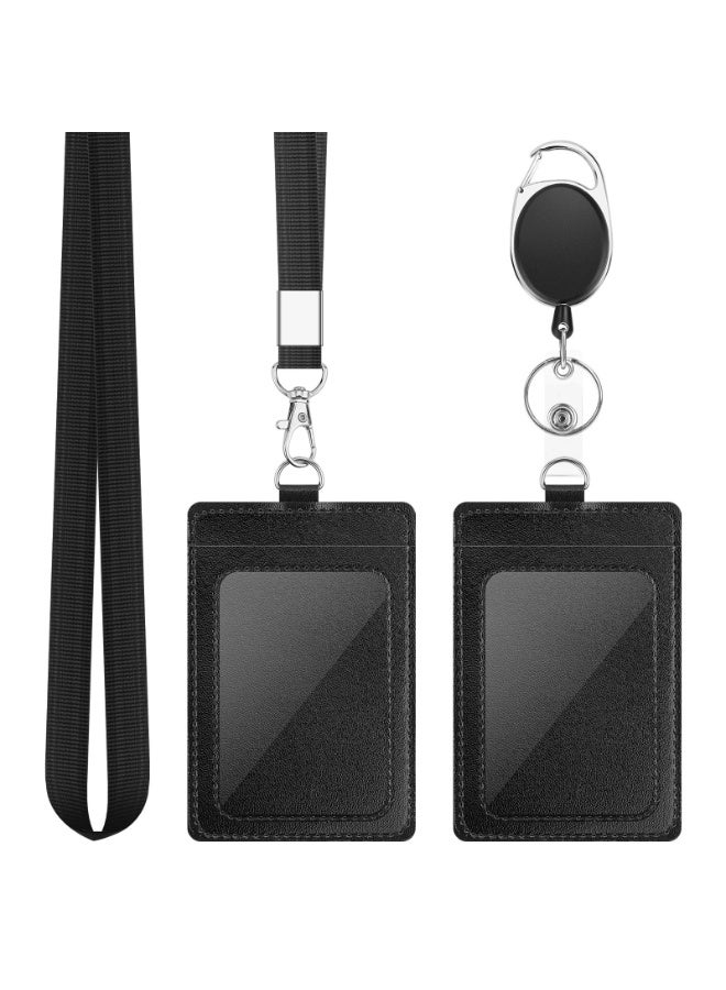NXT 2 Pack Badge Holders, Vertical PU Leather ID Badge Card Holder with 1 Clear ID Window, with Detachable Neck Lanyard Strap and Retractable Badge Reel ID Card Holders Set - Image 1