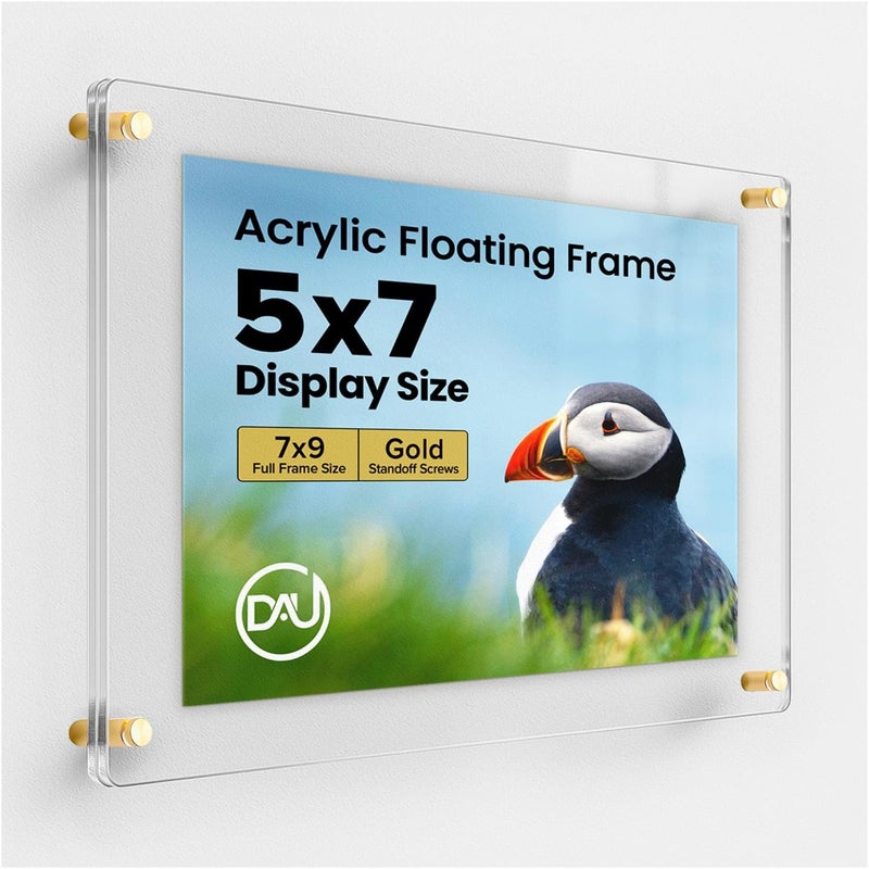 DistinctAndUnique Acrylic Floating Frames Gold Standoffs(single) 5" x 7" Clear Acrylic Frames for Wall Mount Floating Picture Frame, Diploma Poster Certificate Hanging Photo Display Degree Prints Artwork Documents - Image 1