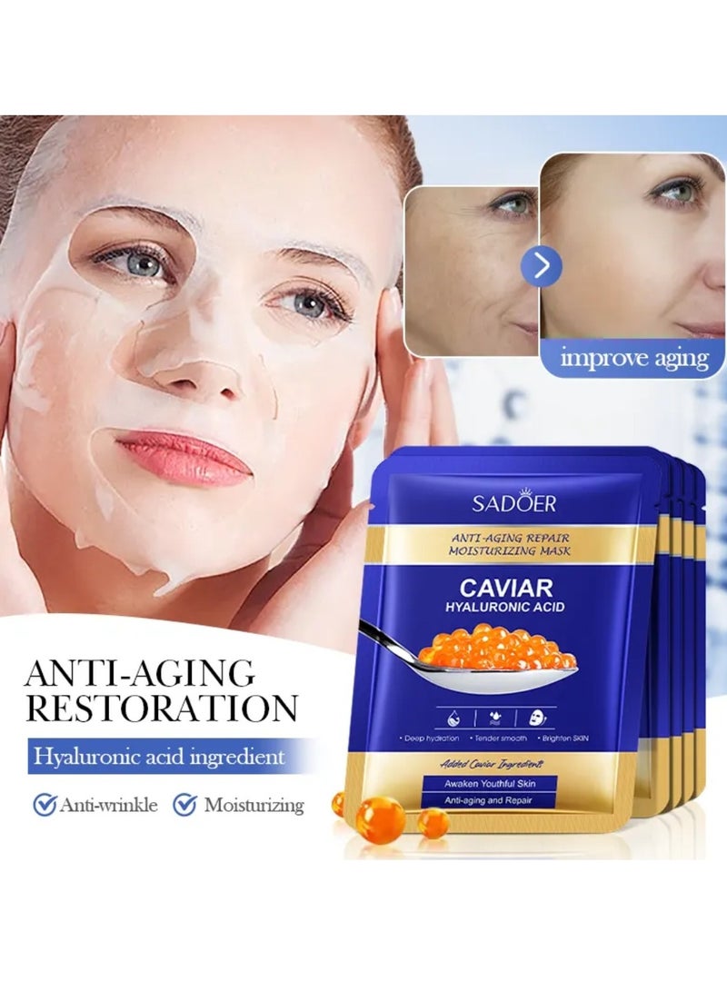 SADOER 5 Pieces Caviar Hyaluronic Acid Facial Mask Anti-Aging Repair Moisturizing Face Mask - Image 2
