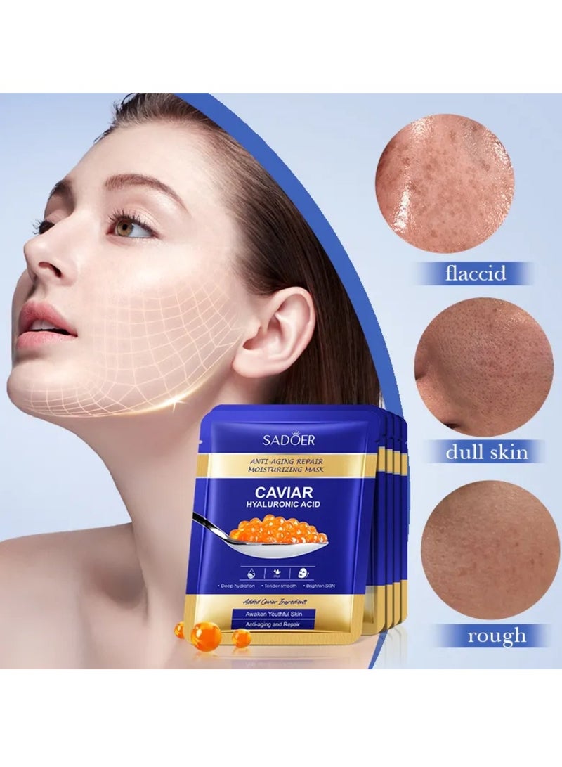 SADOER 5 Pieces Caviar Hyaluronic Acid Facial Mask Anti-Aging Repair Moisturizing Face Mask - Image 3