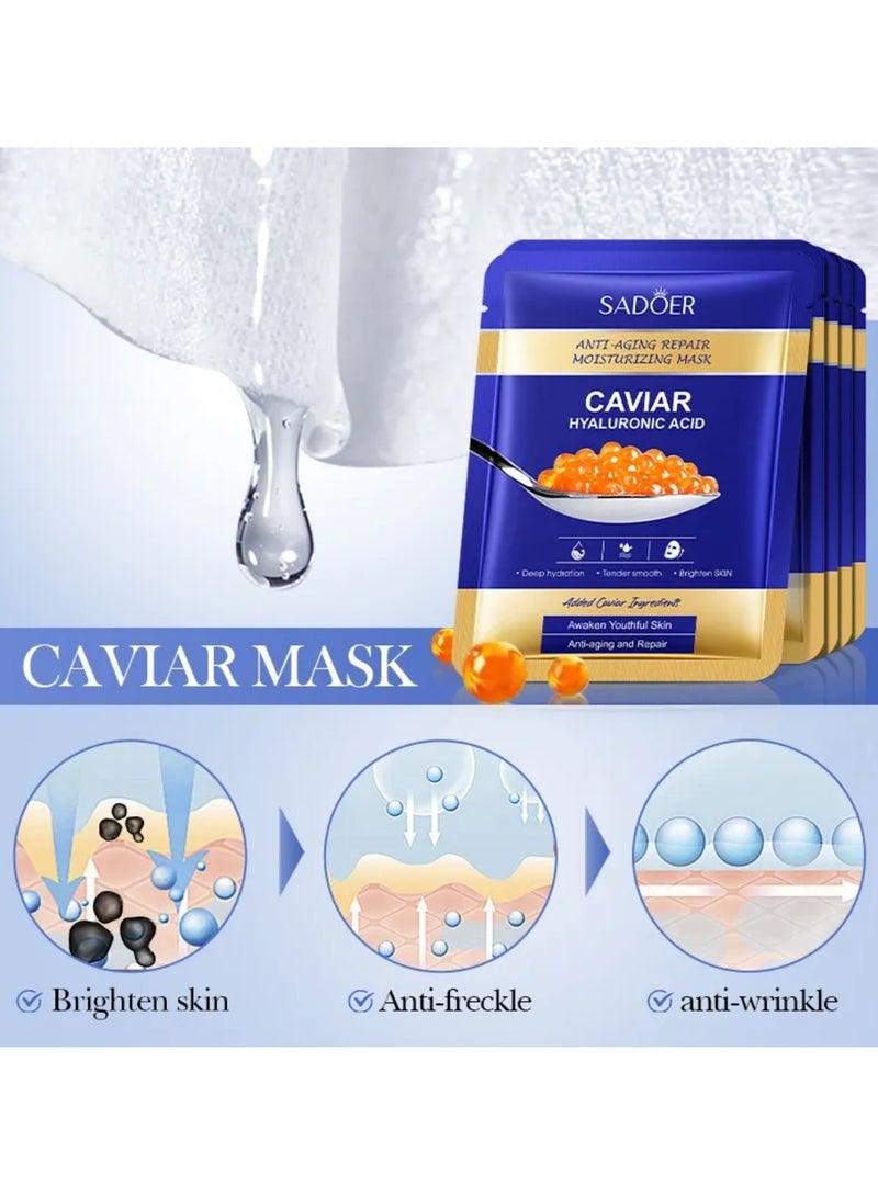 SADOER 5 Pieces Caviar Hyaluronic Acid Facial Mask Anti-Aging Repair Moisturizing Face Mask - Image 5