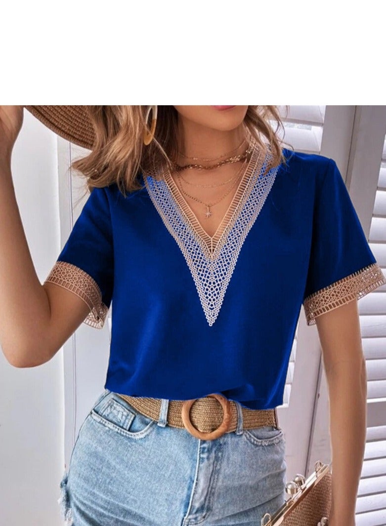 Shougu Short Sleeved V-neck Casual Ssolid Color Shirt For Women  - Image 1