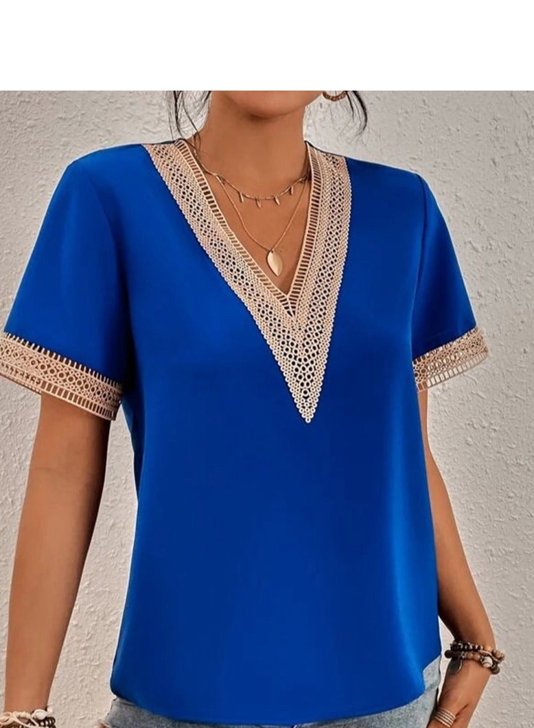 Shougu Short Sleeved V-neck Casual Ssolid Color Shirt For Women  - Image 3