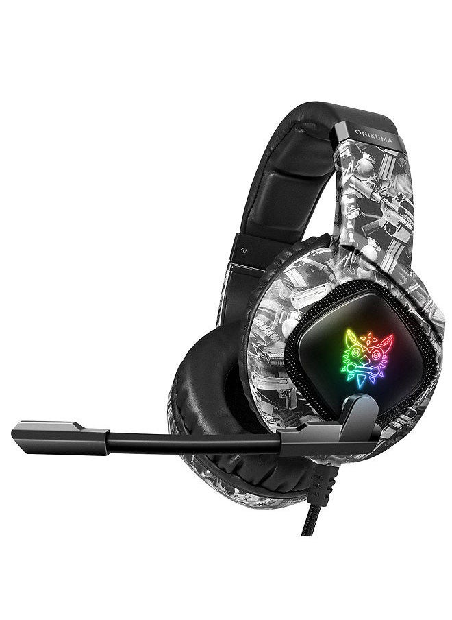 onikuma - K19 Wired E-sports Gaming Headset with 40mm Driver Unit Noise Reduction Microphone Wide Compatibility Camouflage Grey - Image 1