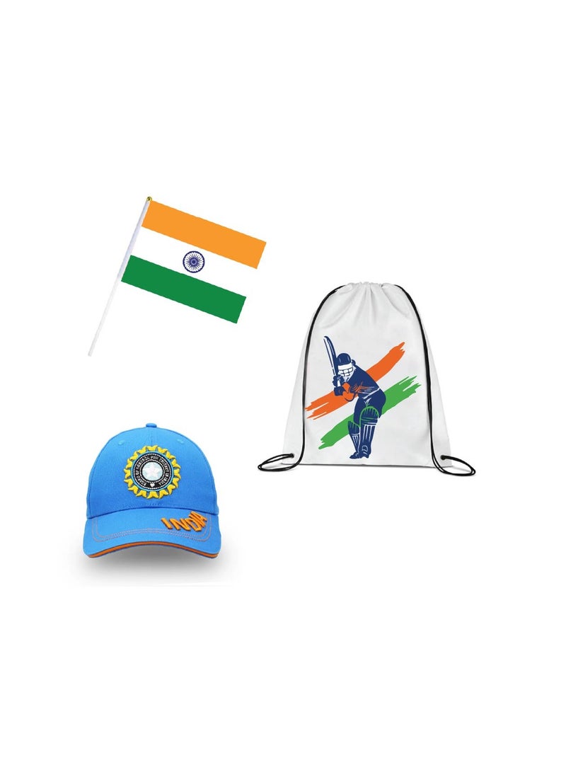 مجموعة مشجعي رياضة الكريكيت الهندية - عبوة مكونة من 3 قطع - قبعة مطرزة وحقيبة برباط وعلم يدوي - مثالية للمباريات والمناسبات والاستخدام اليومي - مثالية لعشاق الرياضة - Image 1