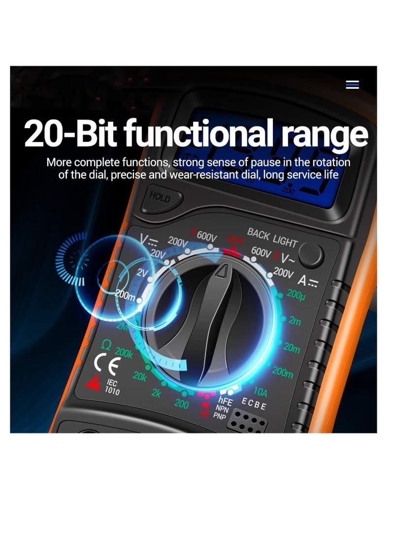 Digital Multimeter with Backlit LCD Display, Portable Voltage, Current, and Resistance Tester, Measures AC/DC Voltage, Ohms, and Continuity (Includes Live Wire and Battery Testing)