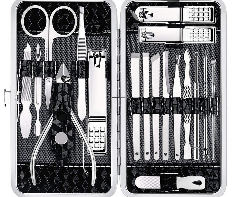 KRYLOPS 18in1 Manicure Pedicure Kit Professional Stainless Steel Grooming Set with Nail Clippers Scissors Tweezers Eyebrow Tools Ear Pick More Luxurious Leather Travel Case - Image 1