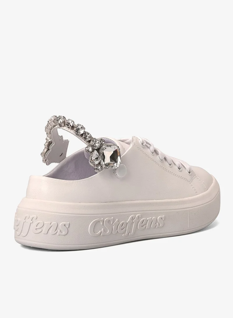 Carmen Steffens White Leather Sneakers with Crystal Detailing