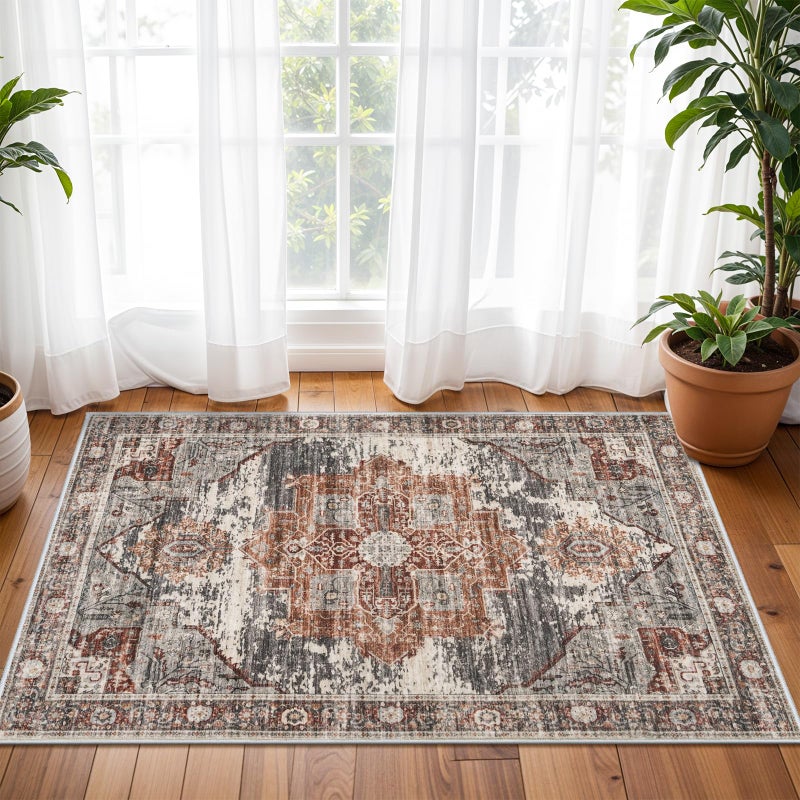 Ruugme Washable 2X3 Area Rugs - Large Boho Rugs For Living Room Stain Resistant Carpet Vintage Tribal Rugs For Bedroom Kitchen Bathroom With Non Slip Backing Home Decor Floor Decoration Mat 2X3 Brick - Image 3