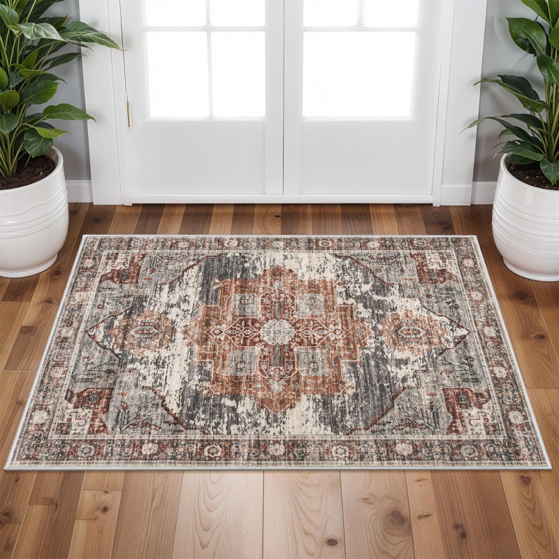 Ruugme Washable 2X3 Area Rugs - Large Boho Rugs For Living Room Stain Resistant Carpet Vintage Tribal Rugs For Bedroom Kitchen Bathroom With Non Slip Backing Home Decor Floor Decoration Mat 2X3 Brick - Image 1