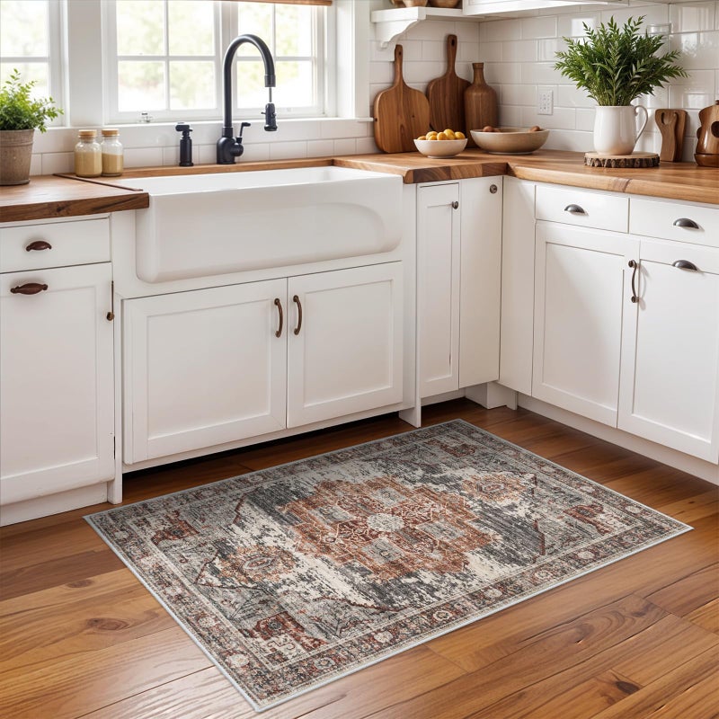 Ruugme Washable 2X3 Area Rugs - Large Boho Rugs For Living Room Stain Resistant Carpet Vintage Tribal Rugs For Bedroom Kitchen Bathroom With Non Slip Backing Home Decor Floor Decoration Mat 2X3 Brick - Image 2