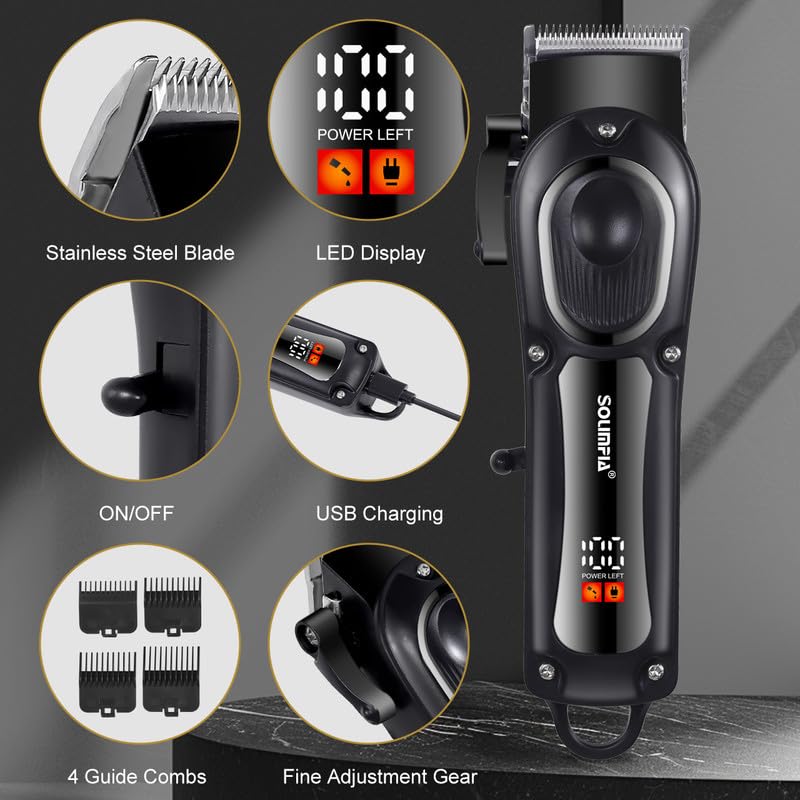 Solimpia HT-670 سلسلة صالون ماكينة حلاقة احترافية بشاشة رقمية قابلة للشحن مجموعة قص الشعر الكهربائية اللاسلكية، بطارية ليثيوم أيون 1500 مللي أمبير 300 دقيقة من وقت التشغيل - Image 2