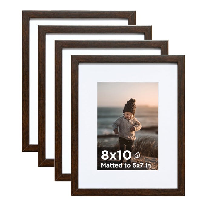 8X10 PICTURE FRAME BROWN SET OF 4 WOODEN PHOTO FRAMES MATTED 5X7 WITH PLEXIGLASS FOR 5X7 WITH MAT OR 8X10 WITHOUT MAT FOR TABLE AND WALL DISPLAY