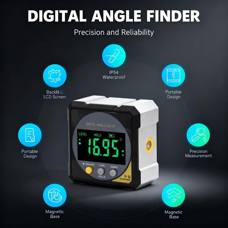 Digital Angle Finder, 4x90° Range, 0.05° Resolution, Black - IP54 Backlit LCD, Magnetic Inclinometer Technology, Professional Measurement Tool - Image 5