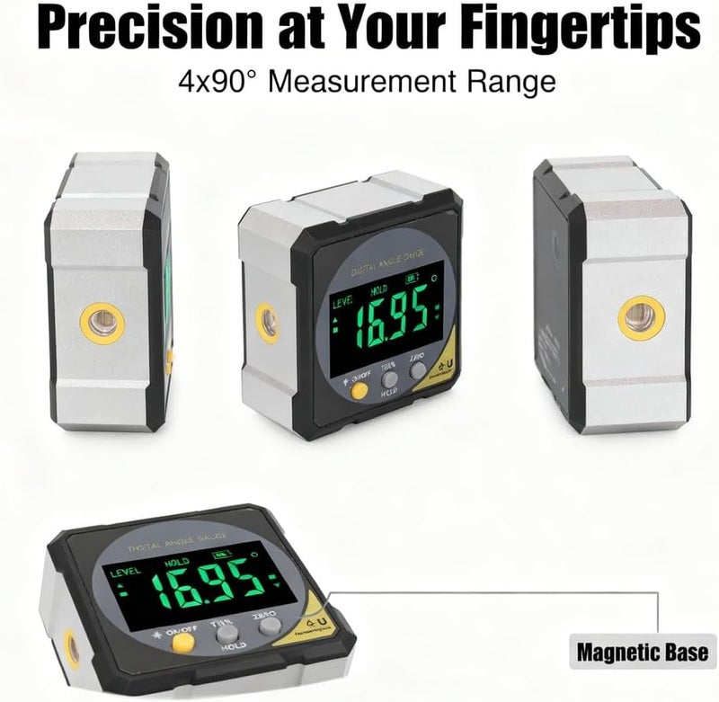 Digital Angle Finder, 4x90° Range, 0.05° Resolution, Black - IP54 Backlit LCD, Magnetic Inclinometer Technology, Professional Measurement Tool - Image 2
