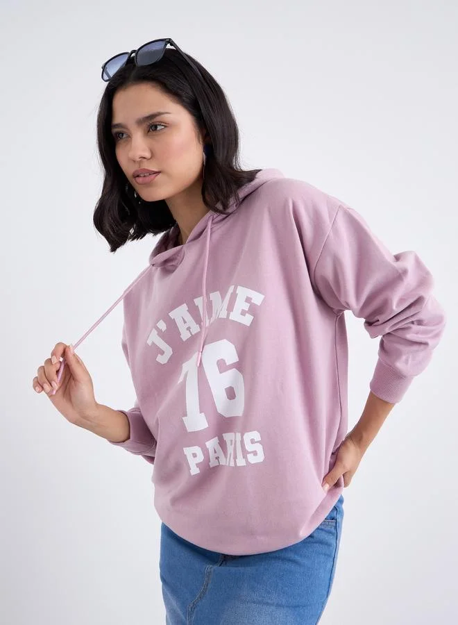 Styli Pink Longline Graphic Print Hoodie