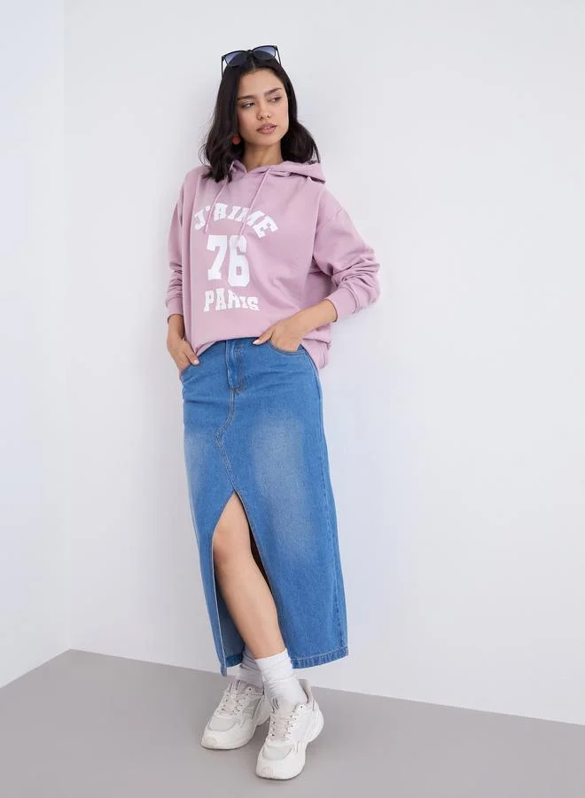 Styli Styli Pink Longline Graphic Print Hoodie