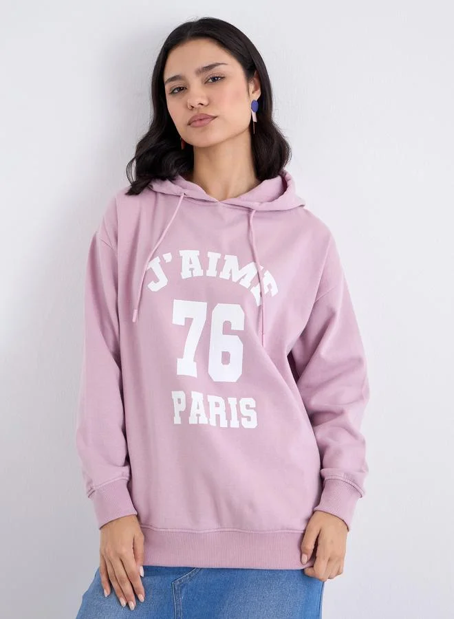 Styli Styli Pink Longline Graphic Print Hoodie