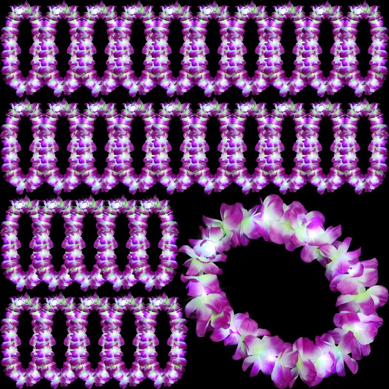 Sherr Sherr 24 Pcs LED Leis Light Up Wedding Hawaiian Leis Flower Necklace Hawaiian Leis with LED Lights Beach Tropical Carnival Party Wedding Supplies Luau Leis for Masquerade(Purple)  - Image 1