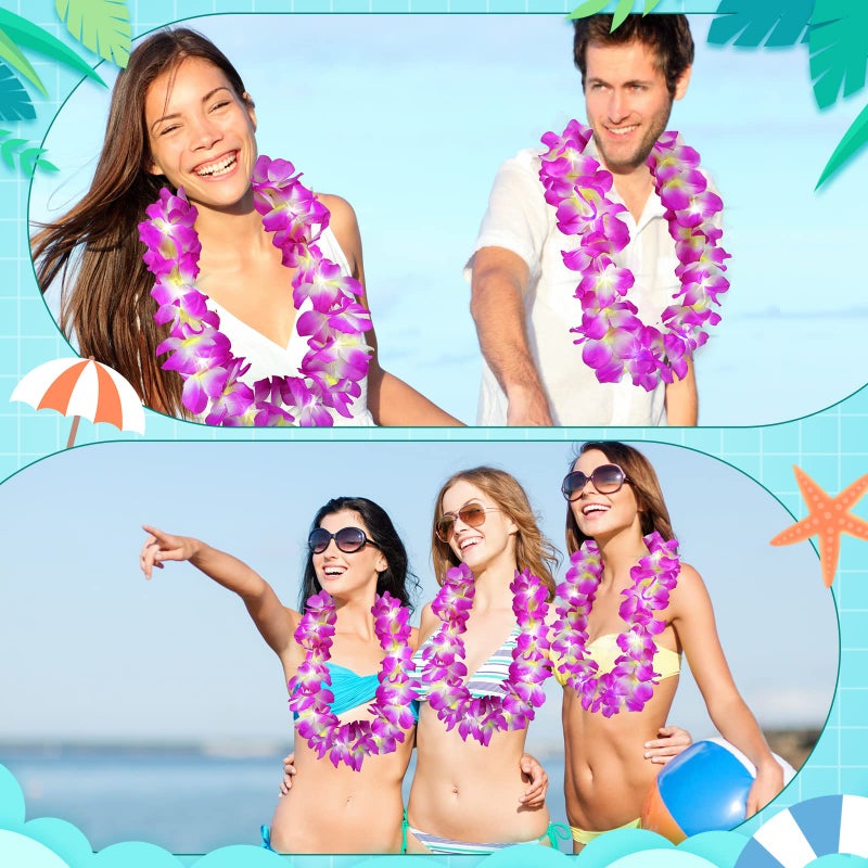 Sherr Sherr 24 Pcs LED Leis Light Up Wedding Hawaiian Leis Flower Necklace Hawaiian Leis with LED Lights Beach Tropical Carnival Party Wedding Supplies Luau Leis for Masquerade(Purple)  - Image 2