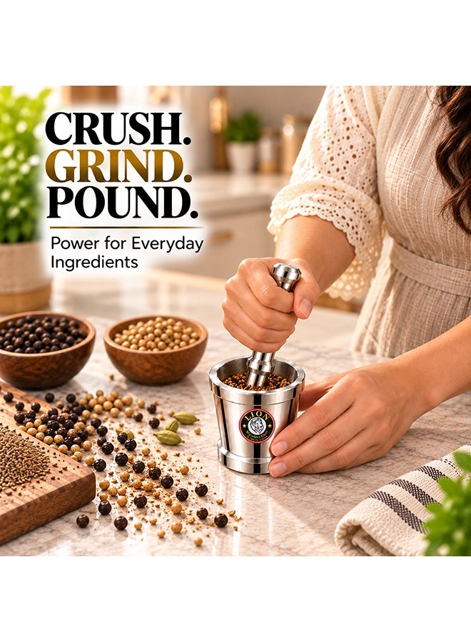 Lion Premium Stainless Steel Mortar & Pestle (Khalbatta) – 7 cm Diameter Mortar with 12.5 cm Pestle, Rust-Proof & Chemical-Free, Heavy-Duty Design for Effortless Herb and Spice Crushing, Durable and Long-Lasting Kitchen Essential - Image 3