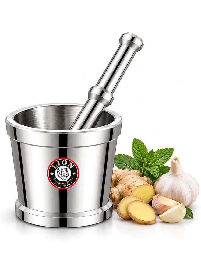 Lion Premium Stainless Steel Mortar & Pestle (Khalbatta) – 7 cm Diameter Mortar with 12.5 cm Pestle, Rust-Proof & Chemical-Free, Heavy-Duty Design for Effortless Herb and Spice Crushing, Durable and Long-Lasting Kitchen Essential - Image 1