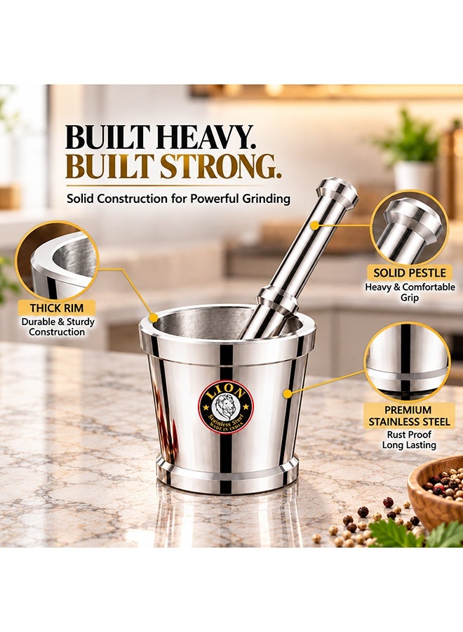 Lion Premium Stainless Steel Mortar & Pestle (Khalbatta) – 7 cm Diameter Mortar with 12.5 cm Pestle, Rust-Proof & Chemical-Free, Heavy-Duty Design for Effortless Herb and Spice Crushing, Durable and Long-Lasting Kitchen Essential - Image 4