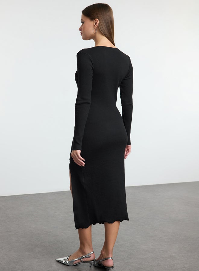 Black Straight Slit Midi Boat Neck Fitted/Fits Slit Knit Dress TWOAW25EL00552
