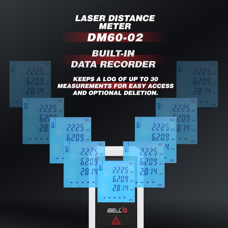 iBELL DM60-02 Professional Laser Distance Meter 60m with Area, Volume, Pythagorean Measurement, Self-Calibration Function, Mute Mode, Backlit LCD, Carry Bag, Strap, Batteries - Image 5