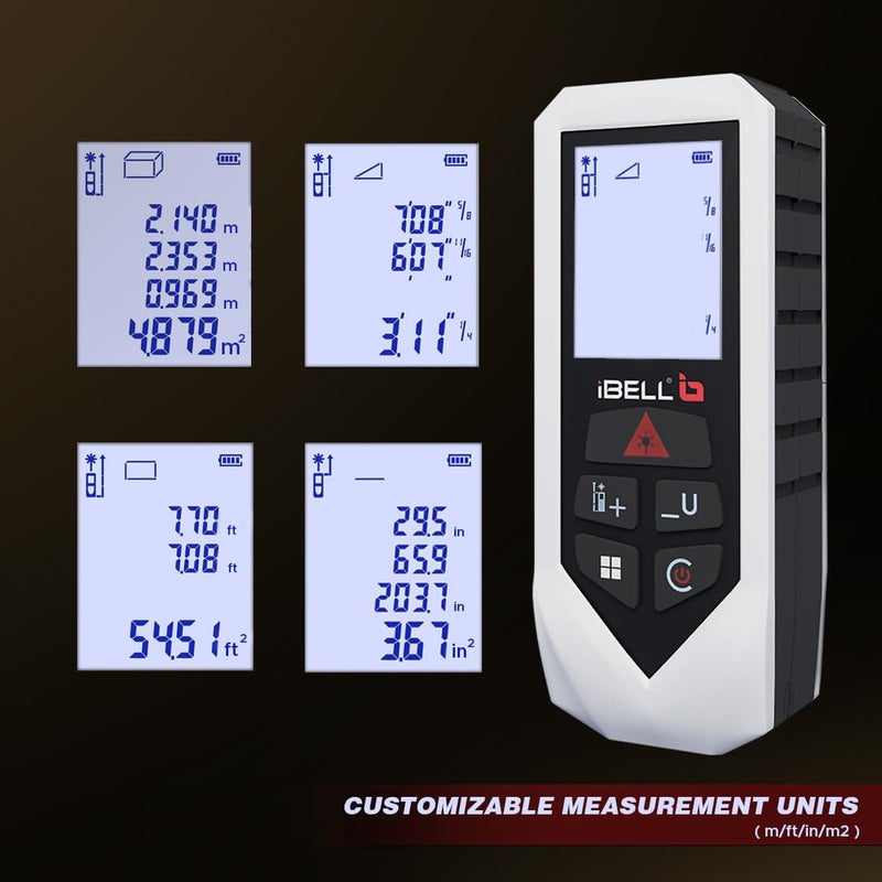 iBELL DM60-02 Professional Laser Distance Meter 60m with Area, Volume, Pythagorean Measurement, Self-Calibration Function, Mute Mode, Backlit LCD, Carry Bag, Strap, Batteries - Image 4