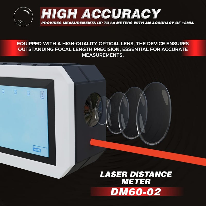 iBELL DM60-02 Professional Laser Distance Meter 60m with Area, Volume, Pythagorean Measurement, Self-Calibration Function, Mute Mode, Backlit LCD, Carry Bag, Strap, Batteries - Image 2
