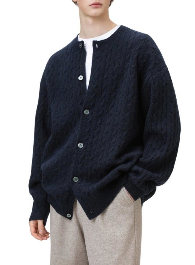 POHADON Twisted Cable Knit Sweater Vintage Y2k Aesthetic Chunky Grandpa Button Down Cardigan Fall Winter Fashion Clothes, Navy, M - Image 1
