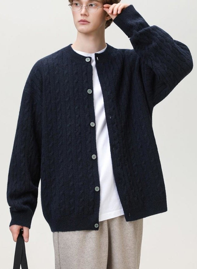 POHADON Twisted Cable Knit Sweater Vintage Y2k Aesthetic Chunky Grandpa Button Down Cardigan Fall Winter Fashion Clothes, Navy, M - Image 3
