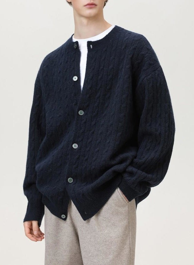 POHADON Twisted Cable Knit Sweater Vintage Y2k Aesthetic Chunky Grandpa Button Down Cardigan Fall Winter Fashion Clothes, Navy, M - Image 4