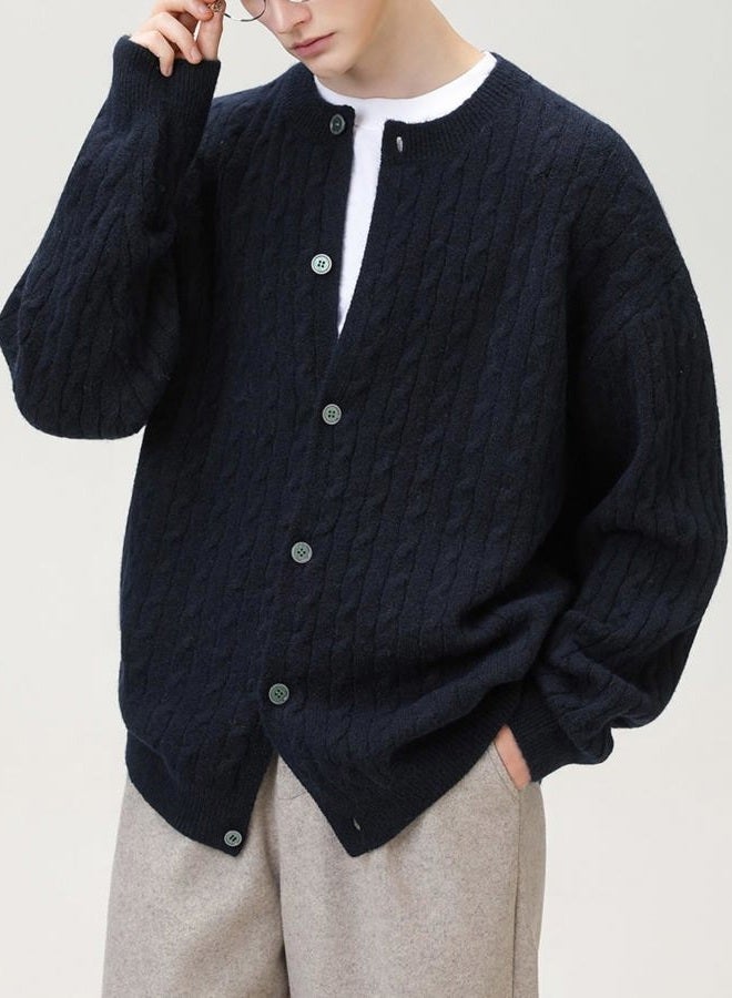 POHADON Twisted Cable Knit Sweater Vintage Y2k Aesthetic Chunky Grandpa Button Down Cardigan Fall Winter Fashion Clothes, Navy, M - Image 2