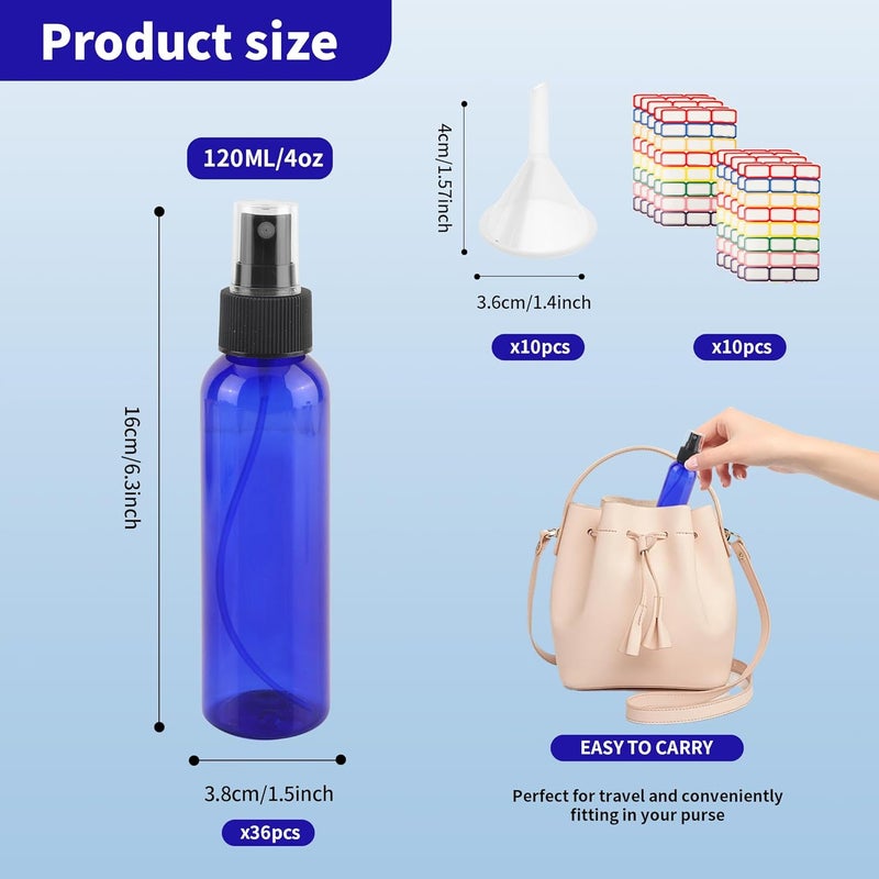 YEUIKERR 36 Pack Blue Small Spray Bottles 4 oz/120 ml Plastic Spray Bottles, Fine Mist Empty Small Travel Spray Bottle, Refillable Mini Sprayer Empty Bottle Bulk with 10 Funnels and 10 Labels - Image 2